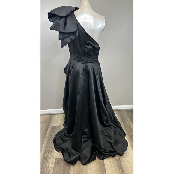 Mac Duggal Black Satin One Shoulder Bow Gown Size US16 $598 - Picture 8 of 10